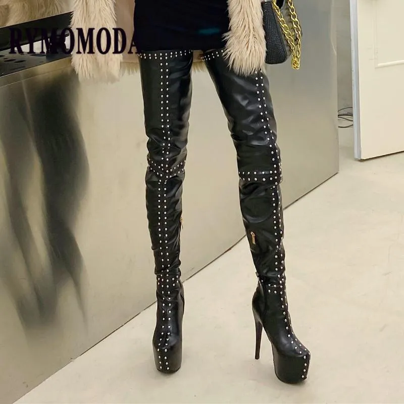 Boots Women Thigh High Winter 14.5cm Heels Patent Leather 6.5cm Platform Long Rivet Designer Brand Shoe Plus Size 48