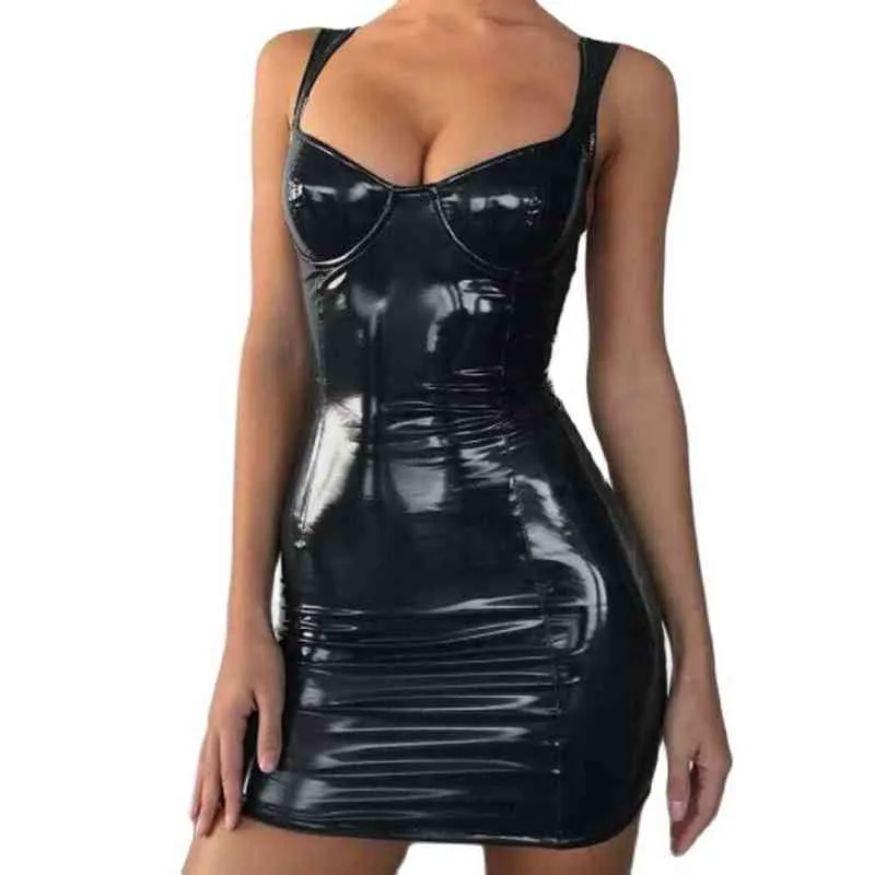 Sexy Dos Nu Club Party Robe Courte Solide Noir Wet Look Latex Moulante Faux Cuir Push Up Soutien-Gorge Mini Micro Robe Justaucorps Y1204