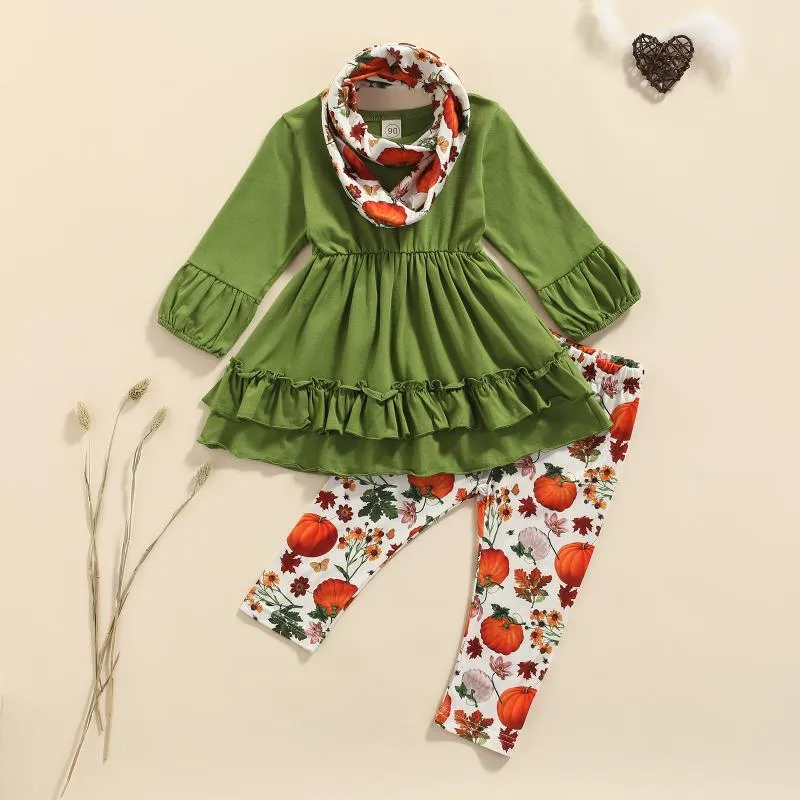 Ensembles de vêtements 2021 3pcs enfants Halloween survêtement, chemisier à manches longues de couleur unie + écharpe de pantalon imprimé citrouille pour les filles, 9 mois à 4 ans