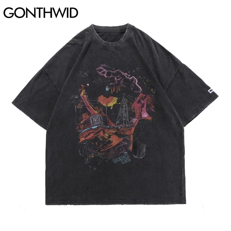 Gonthwid Oversized T-shirts Hip Hop Distressed Graffiti Punk Rock Gothic Tee Shirts Streetwear hajuku hipster kortärmad topp 210623