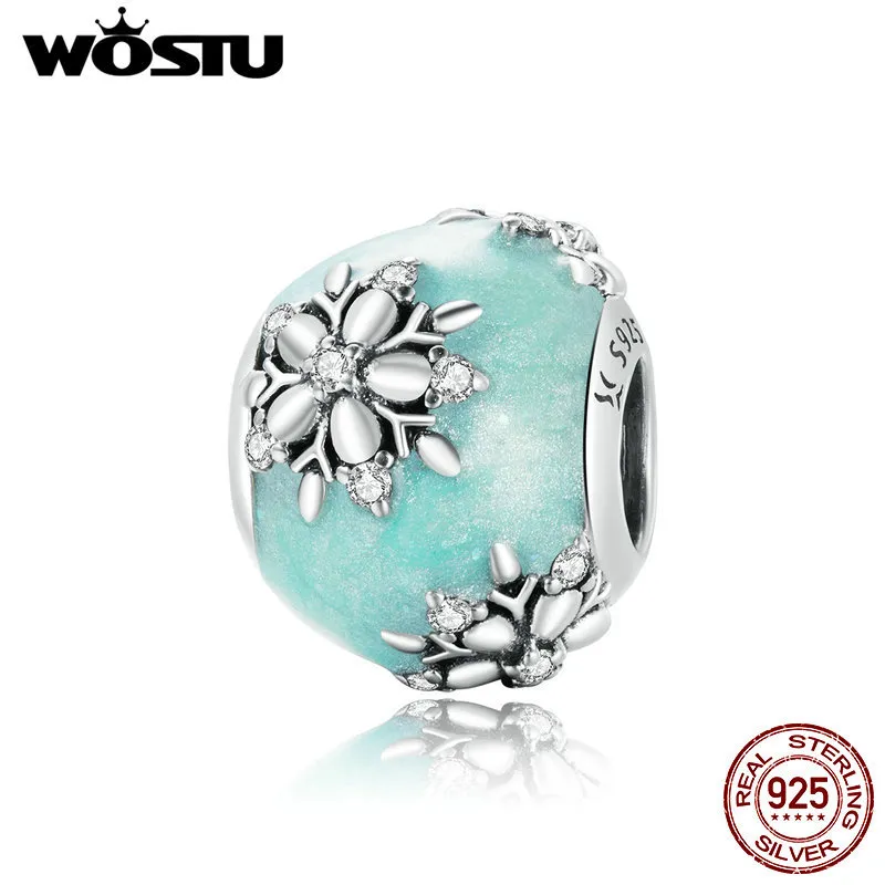 WOSTU 100% Plata de Ley 925 copos de nieve cuentas redondas colgante azul ajuste Original pulsera collar DIY encanto joyería CQC1650 Q0531