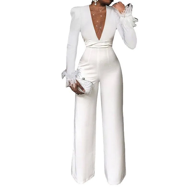 Combinaison Femme élégante Longue - Jumpsuit Manches Longues, Taille Haute, Pantalon Large - Soirée, Chic