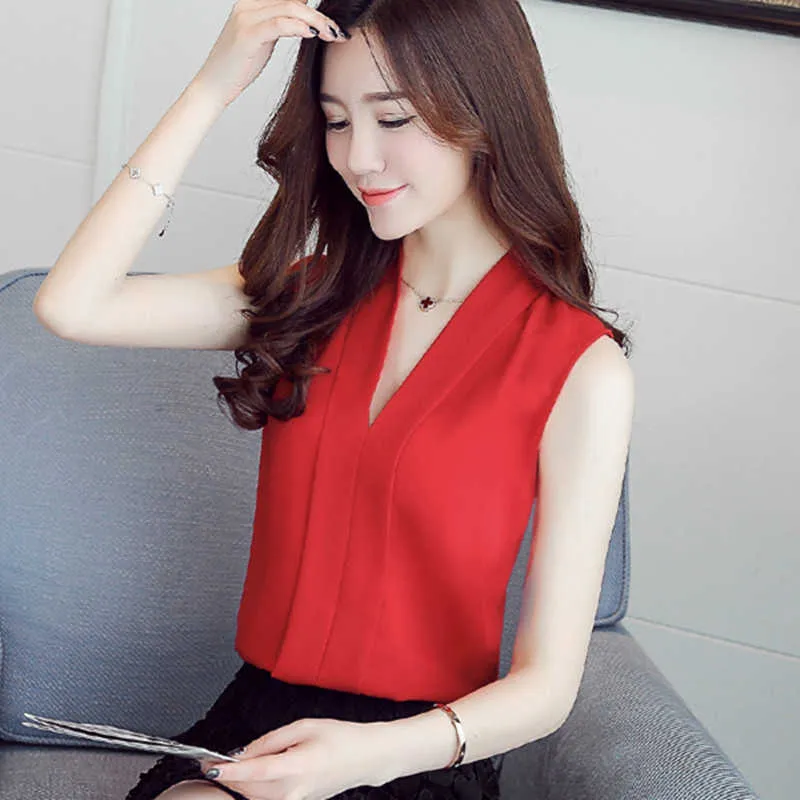 韓国のファッションシフォン女性ブラウスノースリーブソリッドトップスプラスサイズの女性のVネックトップブルスのフェミニナスエレガント210531