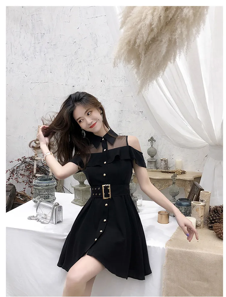 ★韓国人気★I AM MARI★BELT COLLAR DRESS Chic Korean OL Single Breasted Black Mini black dress with