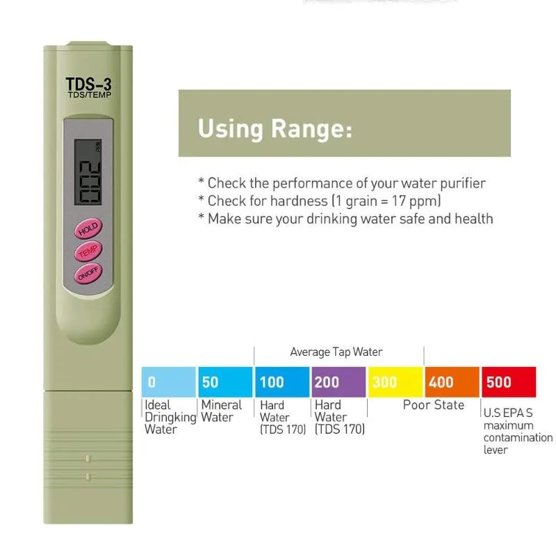 Misuratori TDS-3 Misuratore di qualità dell'acqua Tester di temperatura PPM Monitor Acquario Rilevatore di solidi disciolti Penna Laboratorio TDS Attrezzatura per coltura idroponica