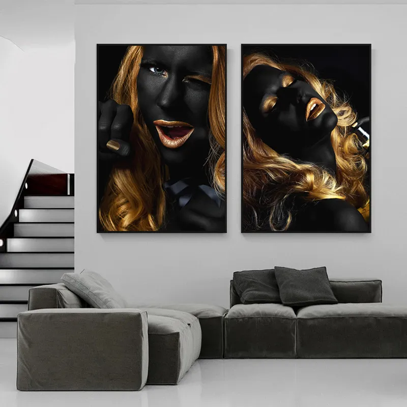 Blondynka Czarna Kobieta Malowanie Druku Na Płótnie Plakaty Scandinavian Wall Art Nowoczesna sztuka Zdjęcia dla salonu Home Decor Cuadros