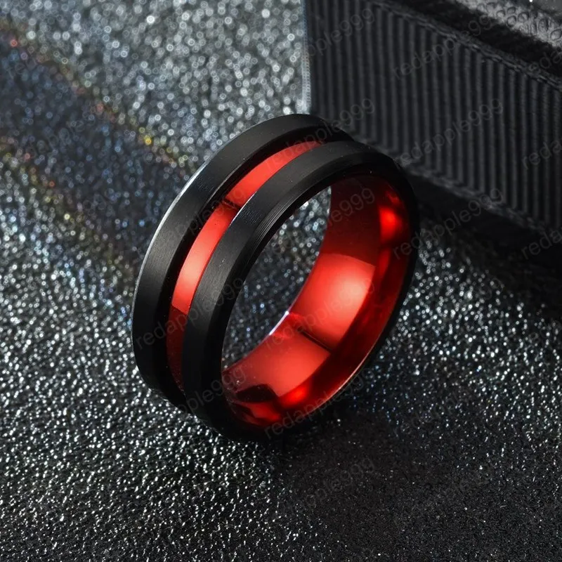 Red Groove Ring Band Finger Contrast Color Black Stainless Steel Rings Donna Uomo Gioielli di moda