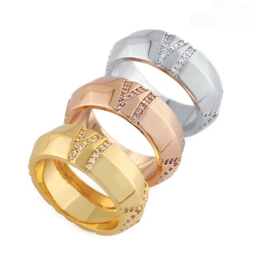 Europe America Fashion Style Lady Women Brass Engraved T Letter 18K Gold Plated Roman Numerals Settings Diamond Ring Rings Size US6-US9