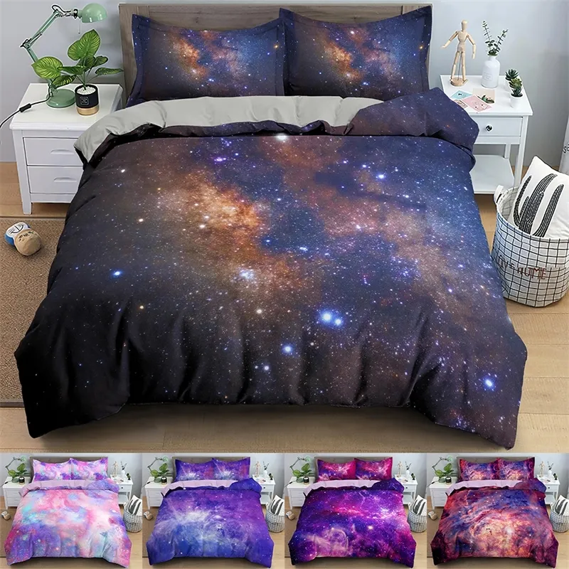 3D Galaxy nevresim seti tek çift ikiz kraliçe 2/3 adet yatak setleri evren dış uzay temalı yatak çarşaf 210317