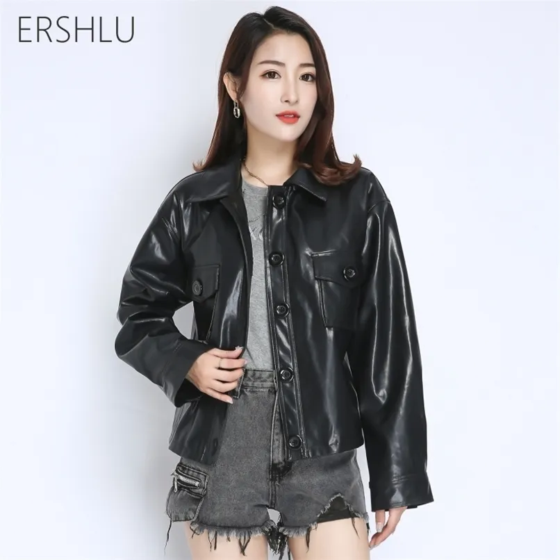 ERSHLU Otoño Invierno Chaqueta de cuero Negro Suave Faux Mujeres Chaqueta de cuero Street Moto Biker Abrigo de cuero Mujer Outwear 211007