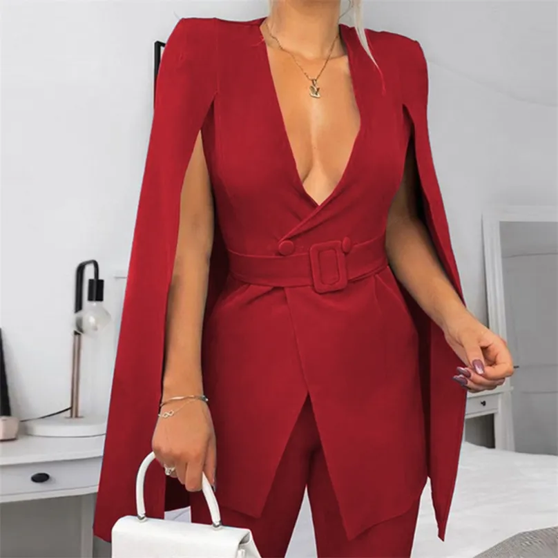 Sexy V-Ausschnitt Frauen Schlitz Party Mantel Elegante Mode Blazer mit Gürtel Büro Dame Lange Cape Sleeve Poncho Mantel Jacke Arbeitskleidung 211006