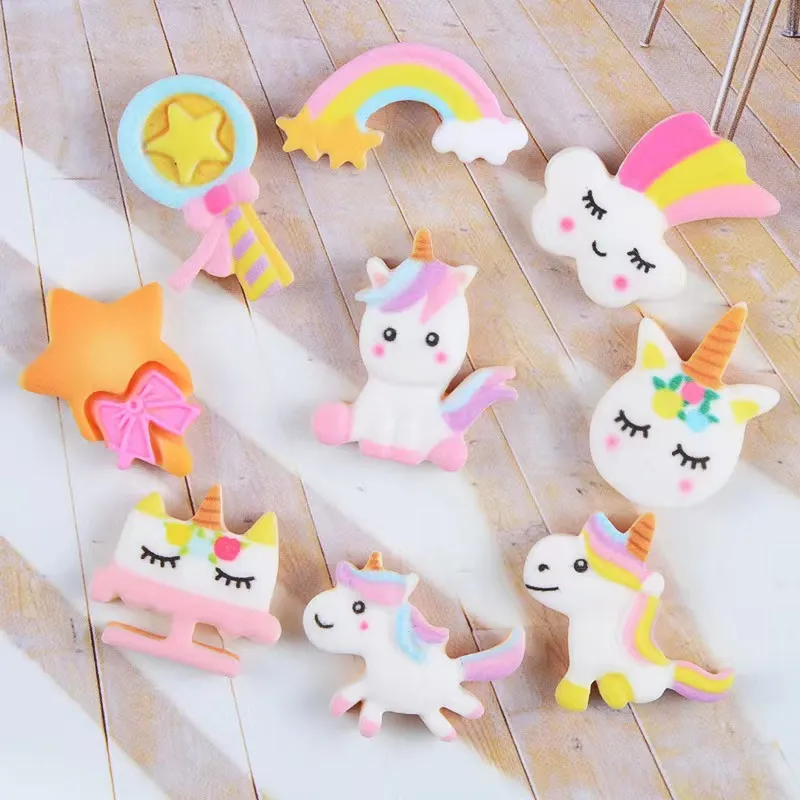 50Pcs/lots Cute Unicorn Components Crafts Rainbow Cartoon Flatback Planar Resin Bow Materials DIY Arts Crafts Sticker Accessories Mixed