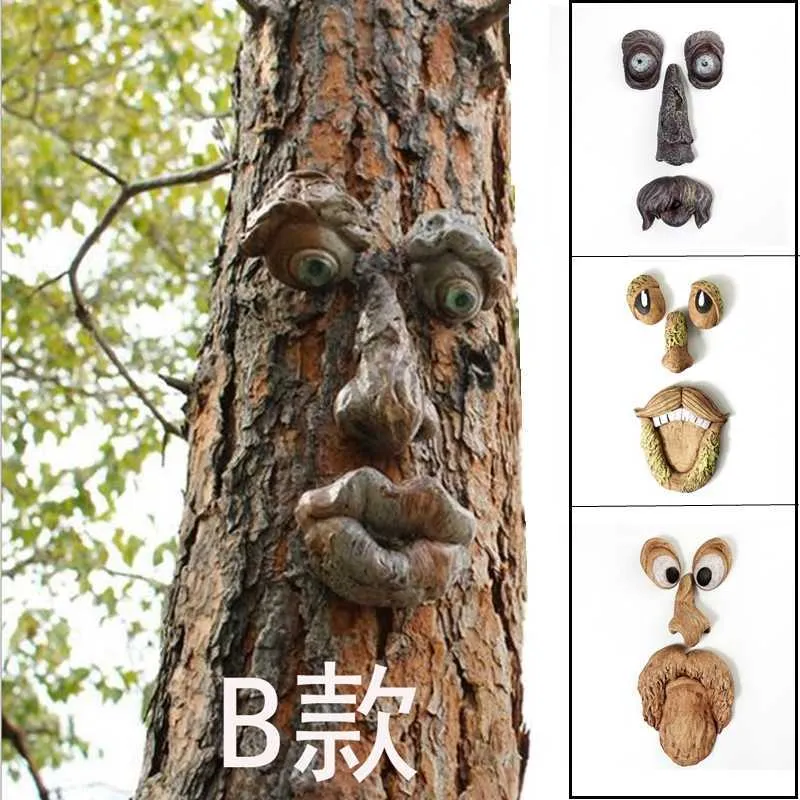 面白い老人の木の抱きしめ屋外の木の面白い老人の顔の彫刻気族の木の顔の庭の装飾Q0811