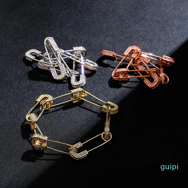 Charm Bracelets HIP Hop Prong Setting CZ Stone Paper Clip Link Chain Bangles For Women Men Unisex Fashion Jewelry