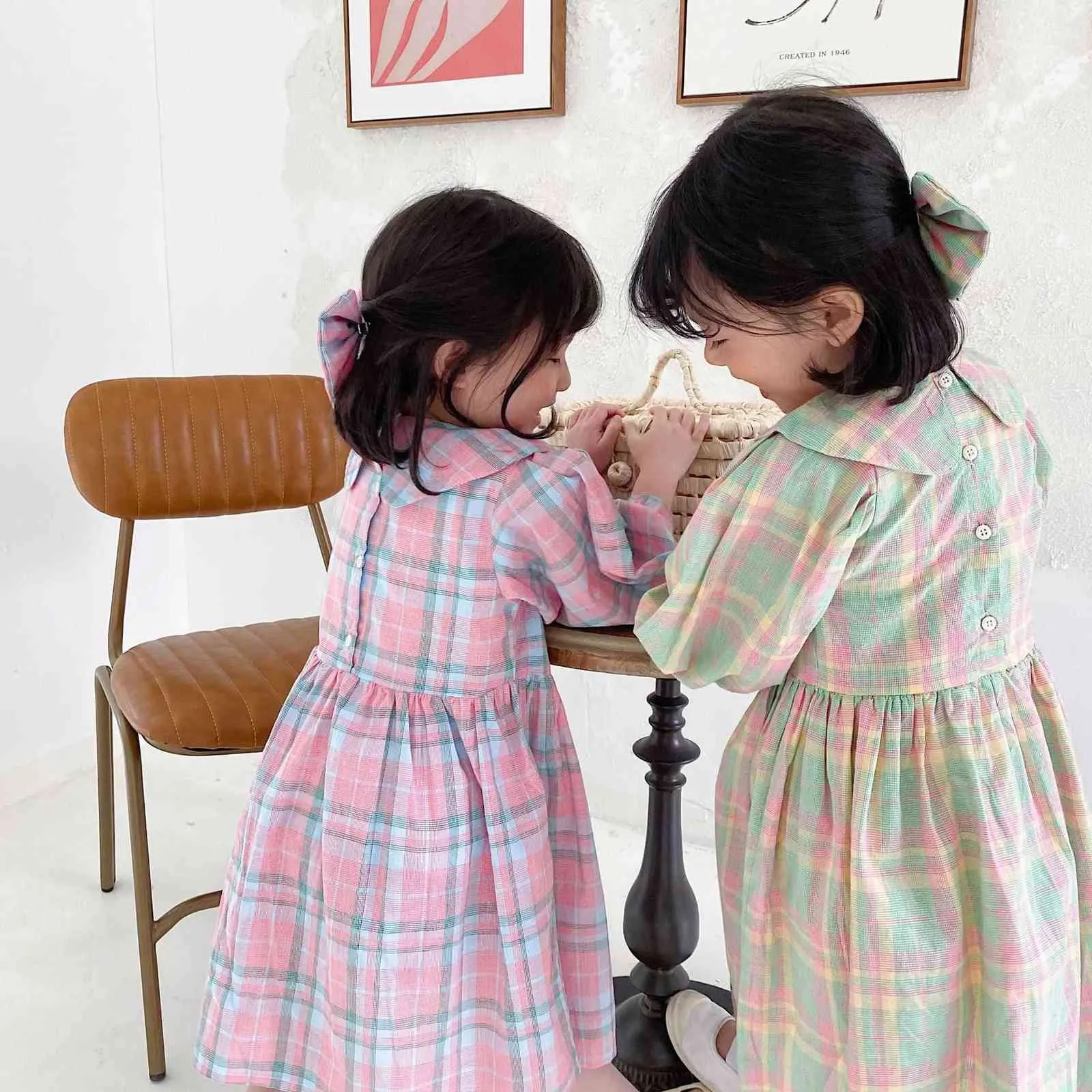 Cute Grid Spring Summer Girls Dresses Kids Toddler School Uniform Dresses 2021 Pink Green Children Clothes High Quality Q0716