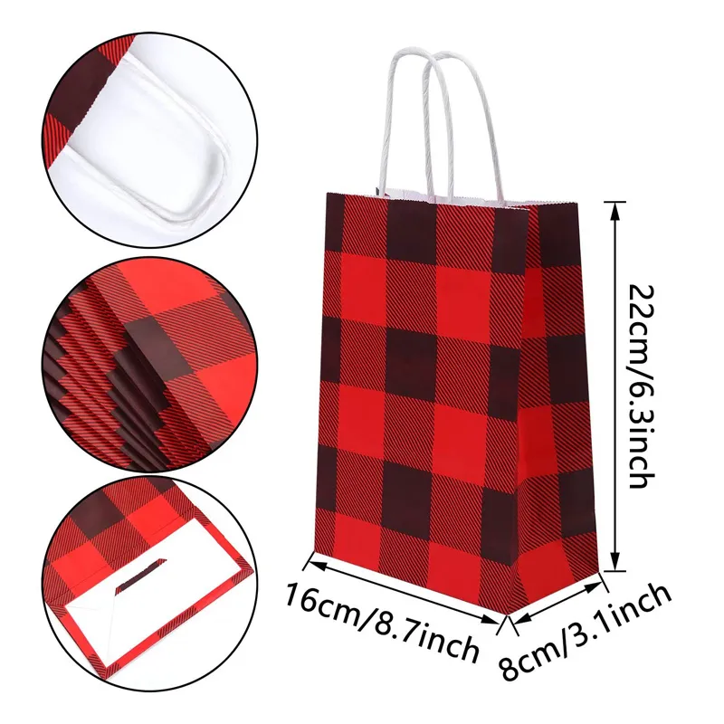Red and Black Plaid Christmas Paper Party Bags Kraft Gift Bag with Handle for Christmas Celebrations LX4345