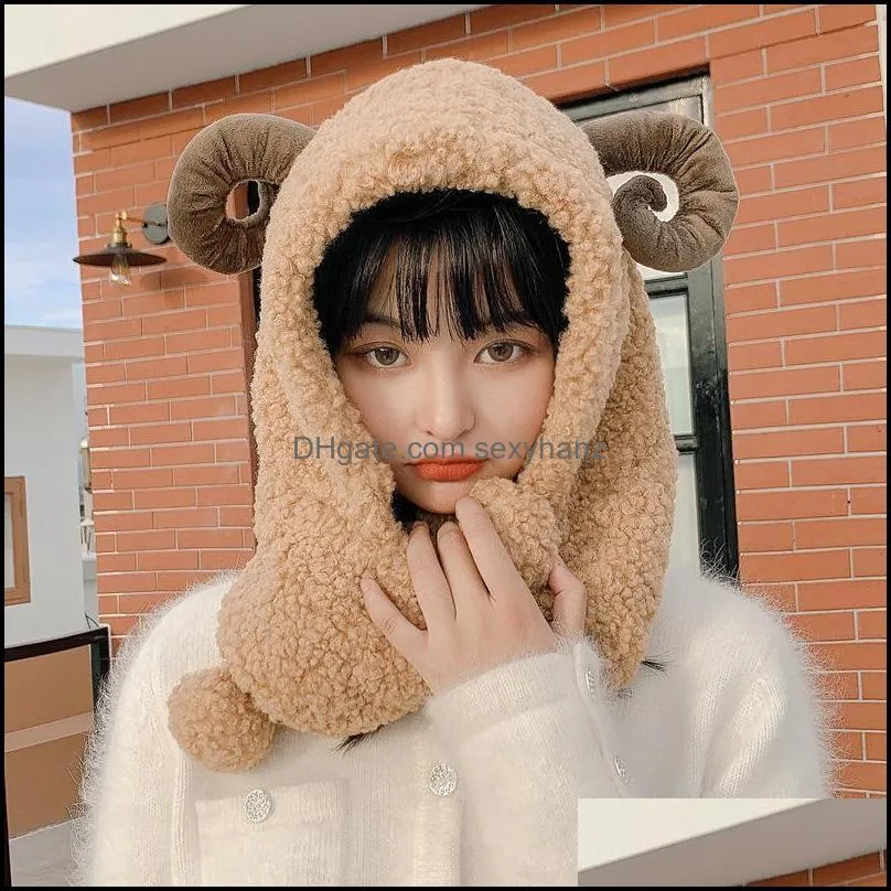 Berets Winter Cute Horns Plush Cap Scarf Hat Two-piece Women Windproof And Cold-proof Thick Warm All-match Ear Protection Hats