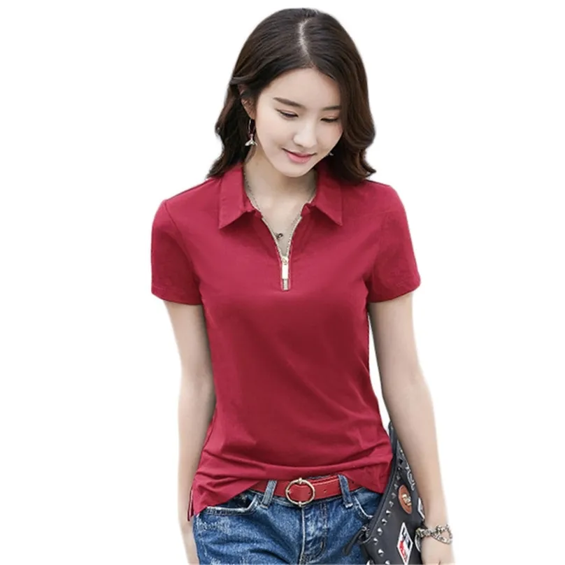 T shirt women black white plus size zipper short sleeve tops summer Korean slim lapel collar chic shirts feminina LR795 210531