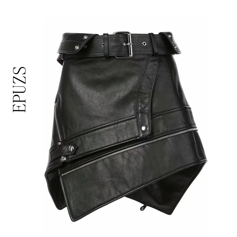 Sexy Asymmetry Fur Leather Skirts Womens Zipper Punk Rock