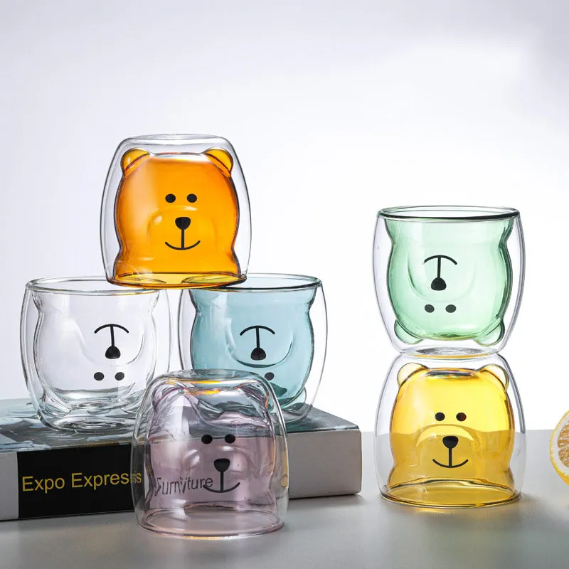 Tasse en verre créative Transparent Double parois dessin animé ours tasse à café lait jus mignon petite amie de noël