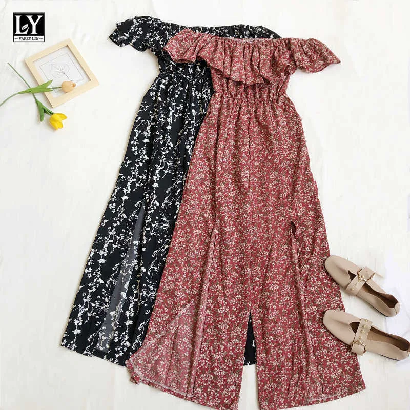 Ly Varey Lin Verão Mulheres Cinta Longa Calças Jumpsuits Loose Sexy Beach Floral Ruffles Bohemian Largura Perna Macacões 210526