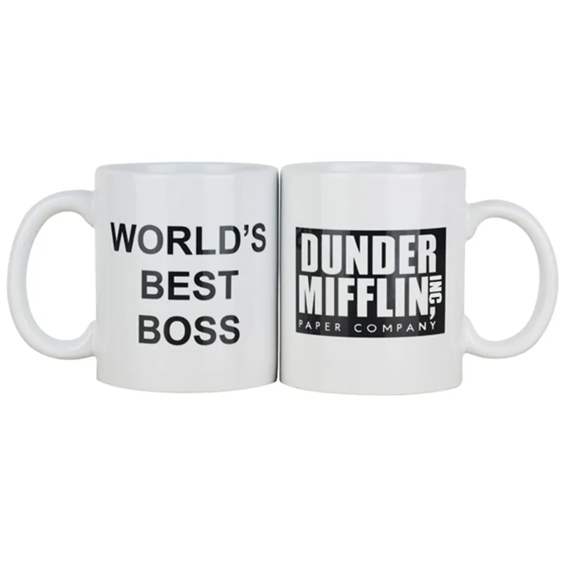 Dunder Mifflin Office-Worlds Boss Coffe koppar och muggar 11 oz Rolig keramisk te / mjölk / kakao mugg Unique Office Gift 210804