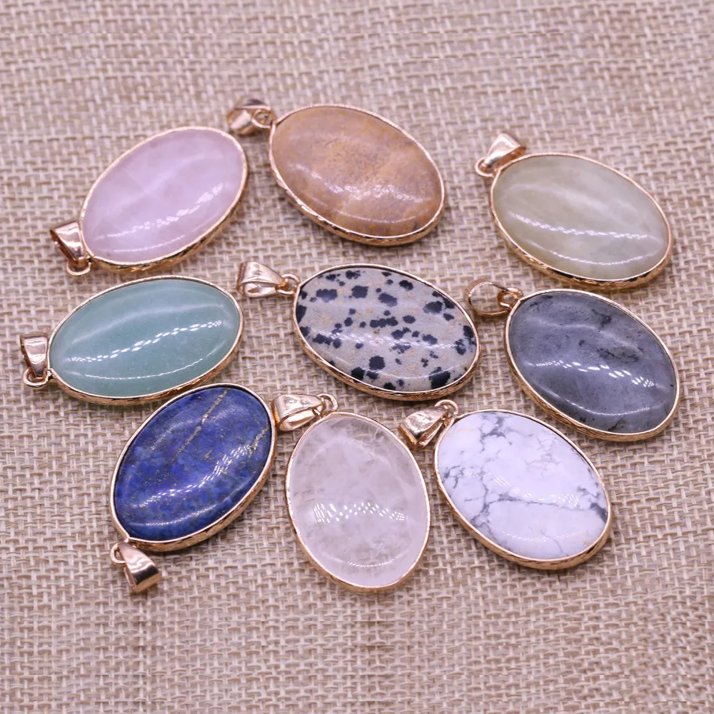 Delicate Natural Stone Charms Oval Rose Quartz Lapis Lazuli Turquoise Opal Pendant DIY for Necklace Earrings Jewelry Making 22x35mm
