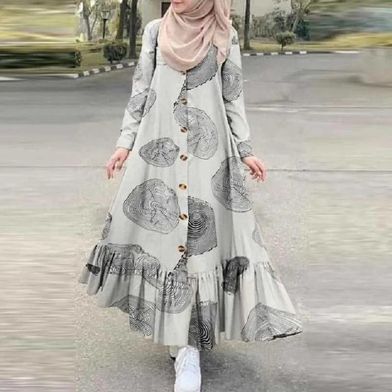 Muslim Hijab Dress Women Plus Size Autumn Printed Dress Retro Women Sundress Long Sleeve Ruffle Vestidos Female Button Maxi Robe 210712