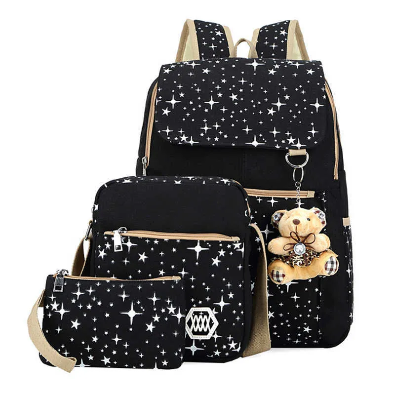 3 pcs Sacos da escola de lona mochilas escolares para meninas estudante schoolbag estrela impressão estilo faculdade mochila feminina x0529