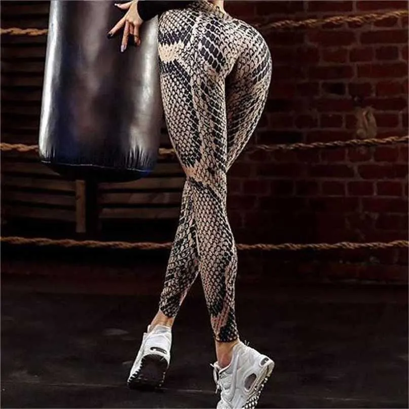 Fêmea Snakeskin Padrão Poliéster Elástico Força Leggings Estilo Mulheres Workout Push Up Moda Sexy Skinny 211204