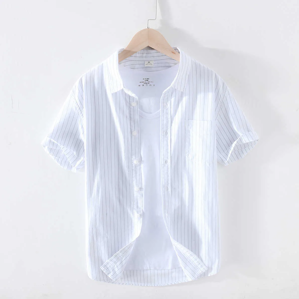 男性半袖100％コットンカジュアルトップス高品質プラスサイズの服210601のための夏の縞模様のシャツ