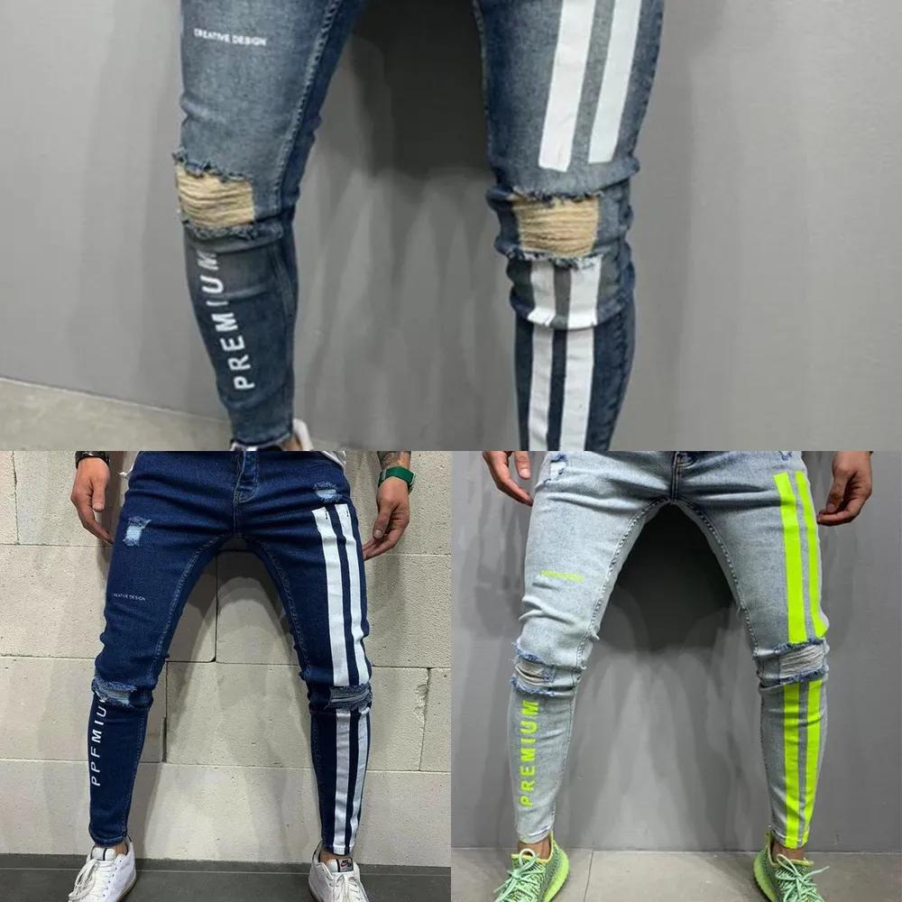 2021 jeans homens magro rasgado jeans stripe impressão homens calças calças jeans casuais casuais fino verão calças jeans cinta cowboys slim x0621