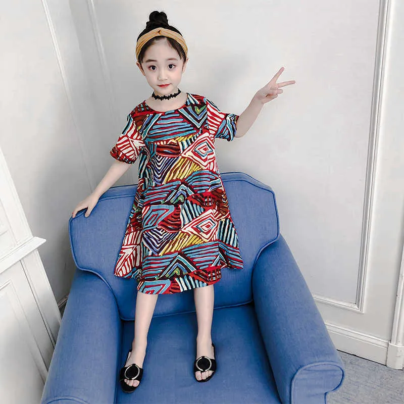 Girls' New Style Fashion Dress 2019 Korean Version of The Big Boy Summer Flower Grid Cotton Skirt Children's Wear Q0716