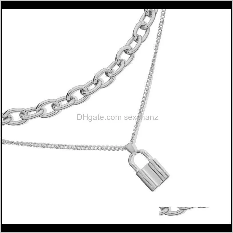 Vintage Aluminium Thick Chain Lock Pendant Necklace Women Double Layer Temperament Geometric Clavicle Necklace Jewelry Kolye