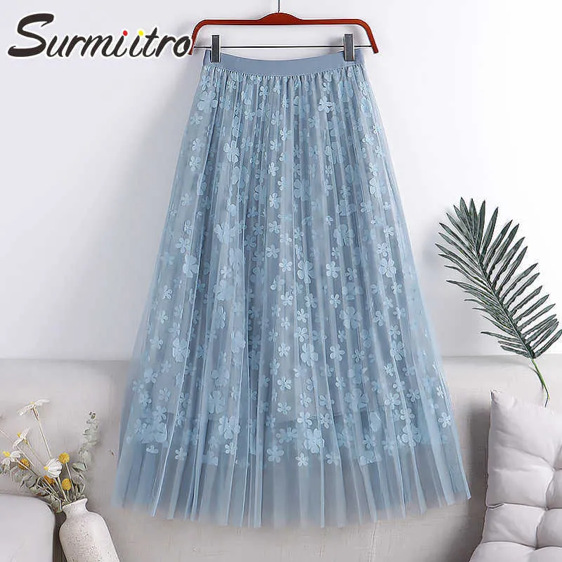 Surmiitro sommar mode midi lång tulle kjol kvinnor koreansk stil rosa applique hög midja mittlängd pläterad kjol kvinna 210712