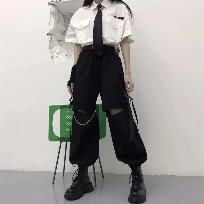 Houzhou Gothic Streetwear 체인 펑크 Techwear Black 대형 한국 패션 와이드 레그 바지 Alt 211115