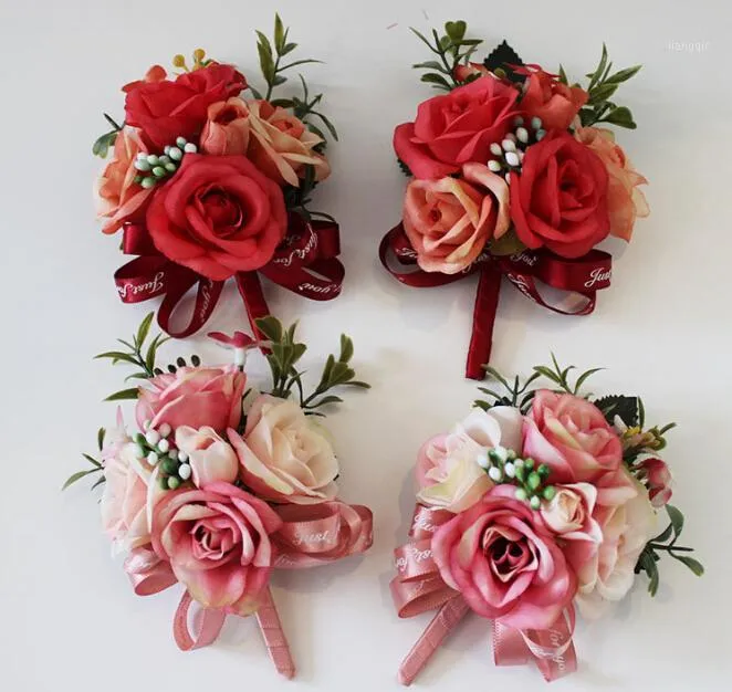 Boutonniere اليد الزهور الزفاف حفلة موسيقية الصدار الاصطناعي زهرة بروش التلبيب المعصم الملحقات