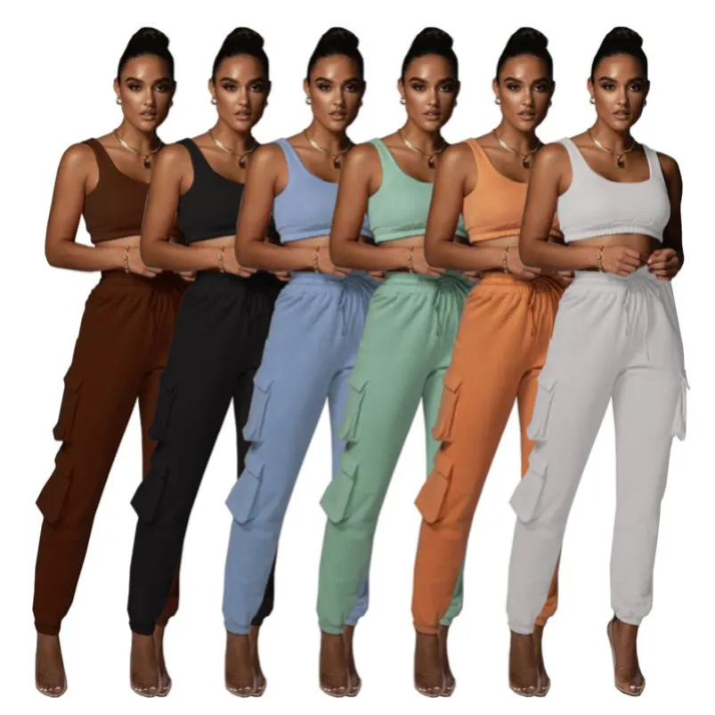 wholesale items pantsuit vest sportswear two piece set tracksuits outfits sexy sleeveless y2k top trousers sweatsuit pullover legging suits klw7300