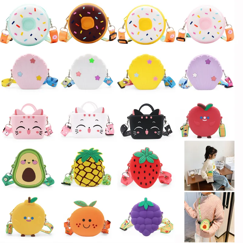 Silicone Fruit Avocado Donut Round Crossbody Wallet Coin Bag Cases Kid Toddler Girl Children Shoulder Handbag Adjustable Strap Holiday Travel Pocket Pack