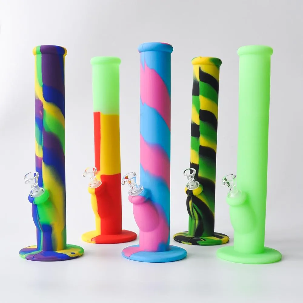 14.2inches Silicone Bongs Silicone Water Pipe Glass Bongs with 8 colors Silicone Oil Rigs Smoking Pipe Glass Pipe Free