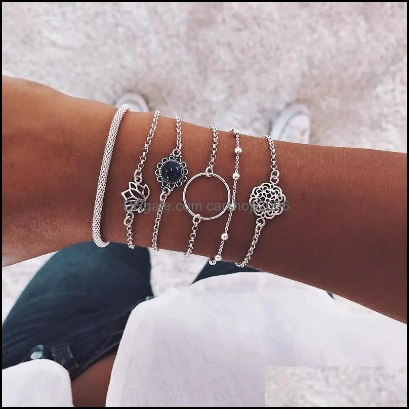Vintage Hollow Multilayer Bracelets Set 6PCS for Women Girls Silver Lotus Bead Round Gem Chain Party Clothing Wedding Beach Jewelry