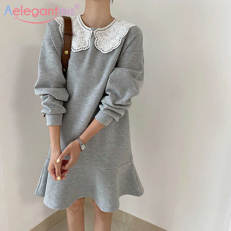 Aelegantmis Casual Peter Pan Collar Dress Women Lace Loose Short Trumpet Dresses Black Solid Vestidos Female Korean Chic Spring 210607