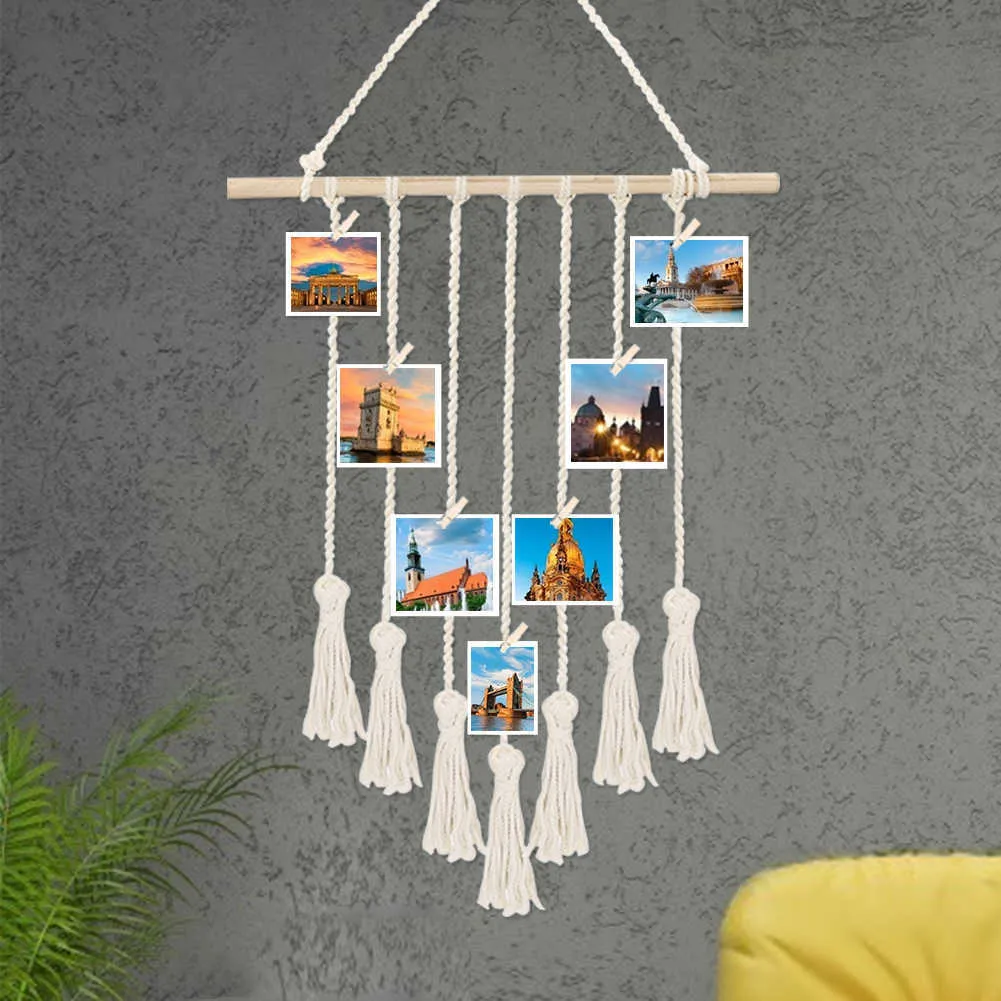 Wood DIY Po Display Wall Pictures Living Room Macrame Tapestry Hanging Decor With 30 Wood Clips Art Beautiful Home Decoration 210609