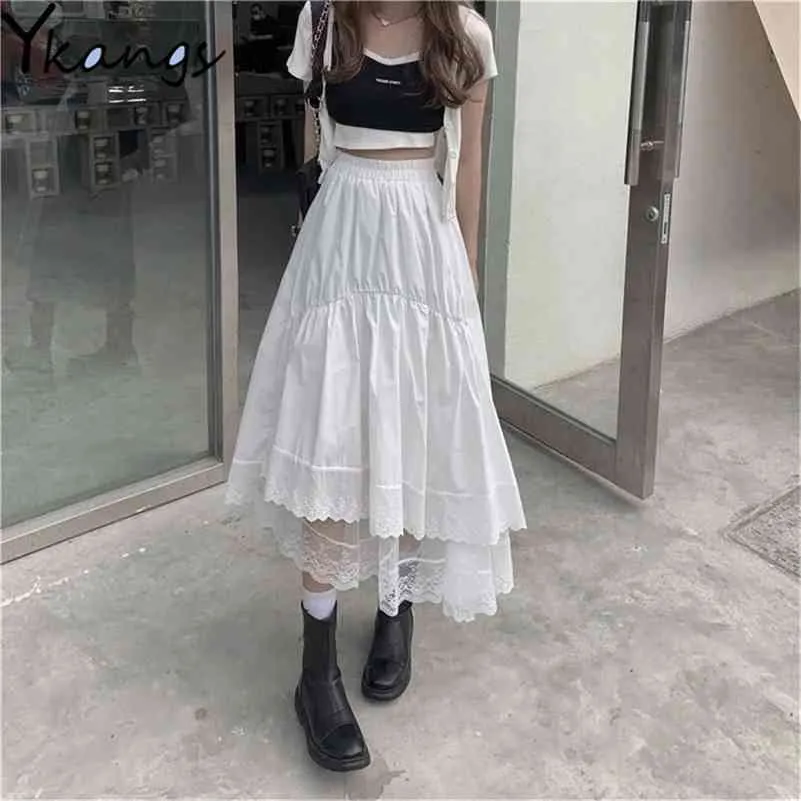 Schwarz Gothic Spitze Nähen Unregelmäßige Falten Rock Frauen Weiß Vintage Hohe Taille Langen Rock Koreanische Solide Hip Hop Streetwear 210708