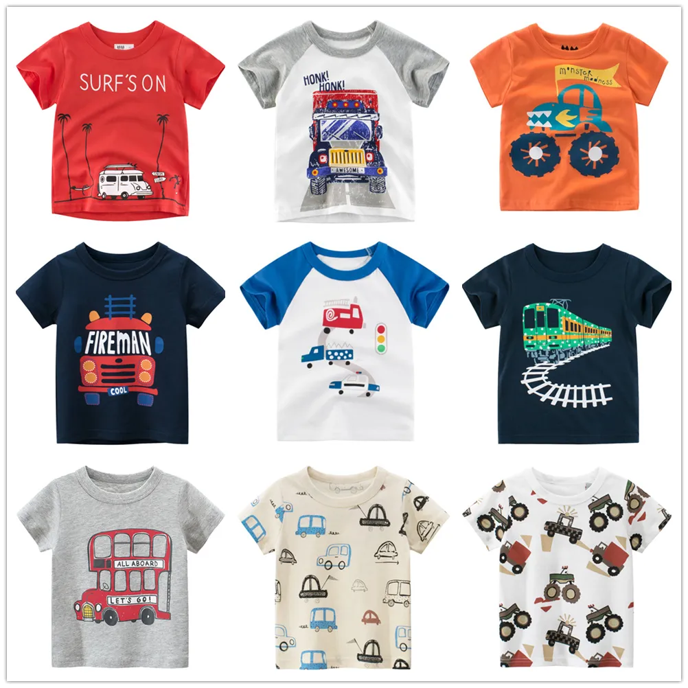 2-9 Years baby Boys Girls Clothes T-Shirts 100% Cotton Short Sleeve Car Bus Fire Truck Cartoon Kids Summer Clothing