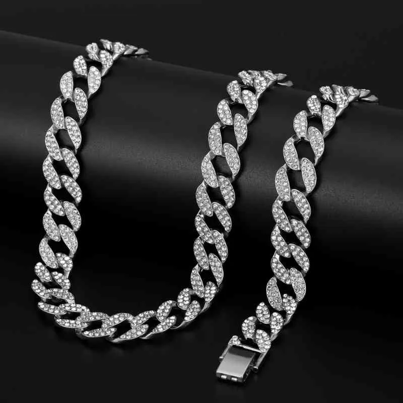 Hip Hop Iced Out Rhinestones pavimentados 1set 13mm cor prata de prata Miami Curb Chain Chain Cz Bling Rapper Colares para joalheria de joalheria7l6y {category}