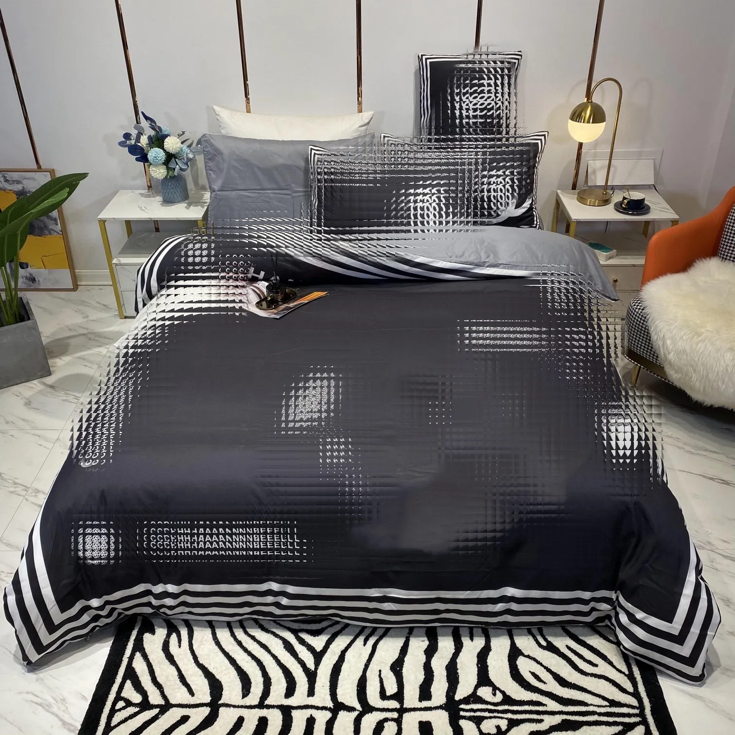Diseñador de moda juegos de cama tamaño king 4 piezas floral impreso seda reina funda nórdica sábana negro rosa fundas de almohada de alta calidad