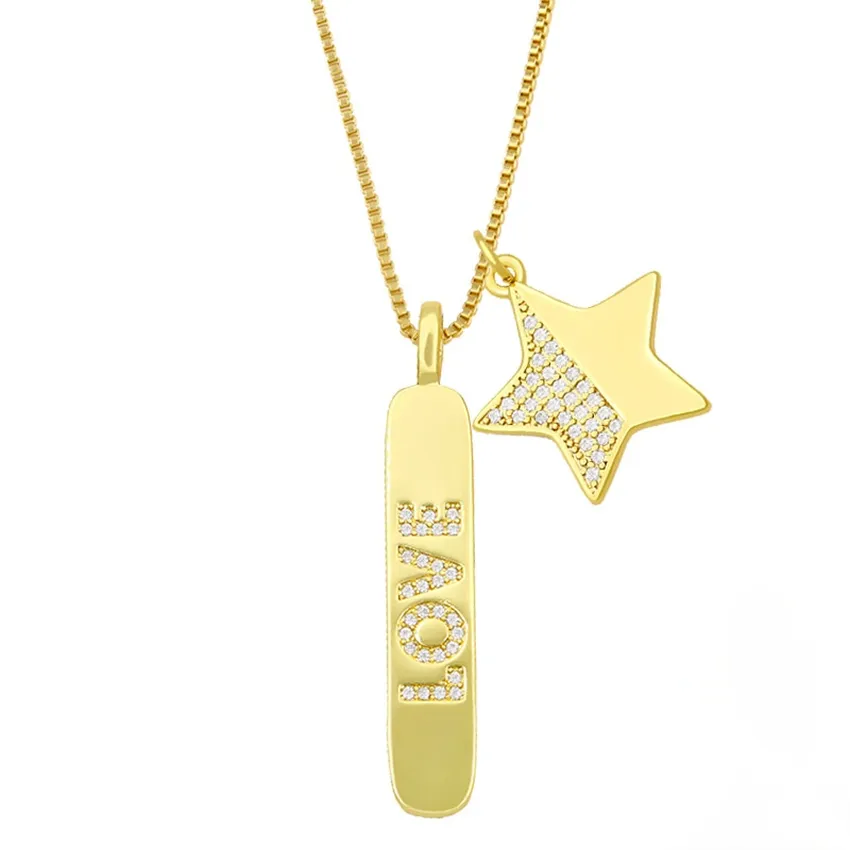 18K Gold Love Bar Cubic Zircon Collar Diamond Moon Star Mano colgante Collares Cadena Goden para Mujeres Hombres Hip Hop Joyería de moda Will y Sandy