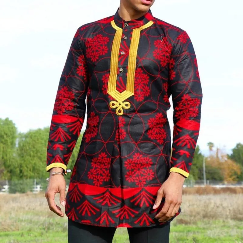 Odzież etniczna afrykańska męska koszulka Dashiki z długim rękawem Plus Size bogaty kwiatowy nadruk muzułmanin męski wąski top luźna koszulka tradycja Chilaba Ma