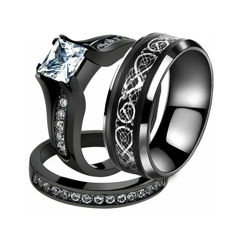 Fedi nuziali Lei La sua coppia Set di anelli di fidanzamento in acciaio inossidabile nero Set di fasce per uomo e donna